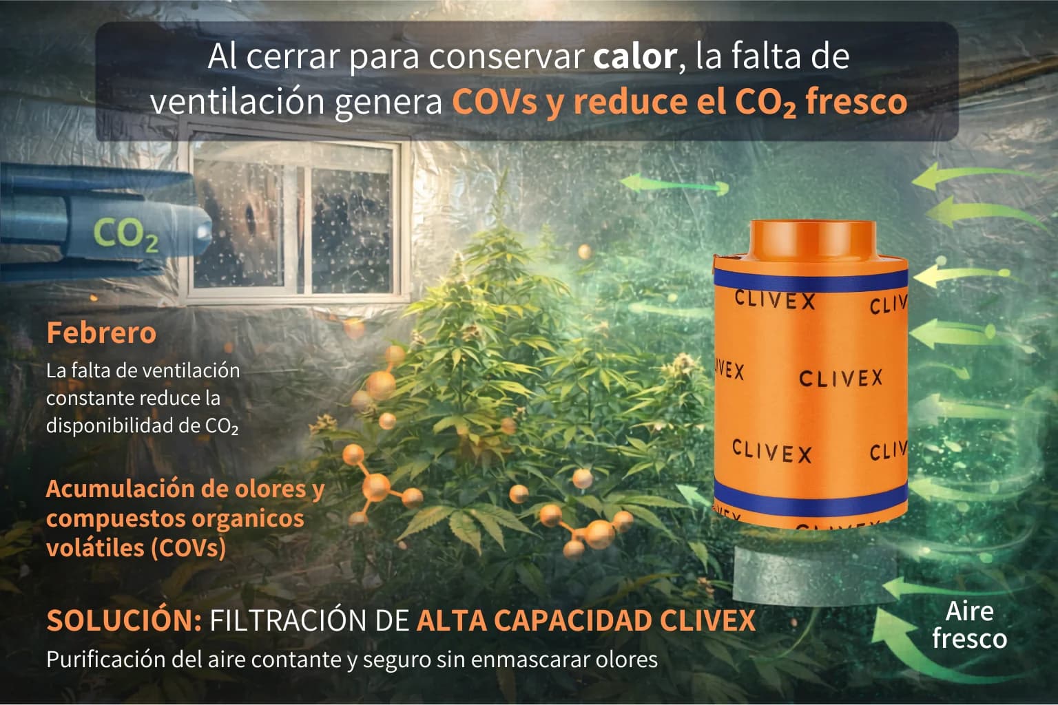 Filtro de Carbón Clivex de carbón activado para eliminar olores y COVs en cultivos indoor