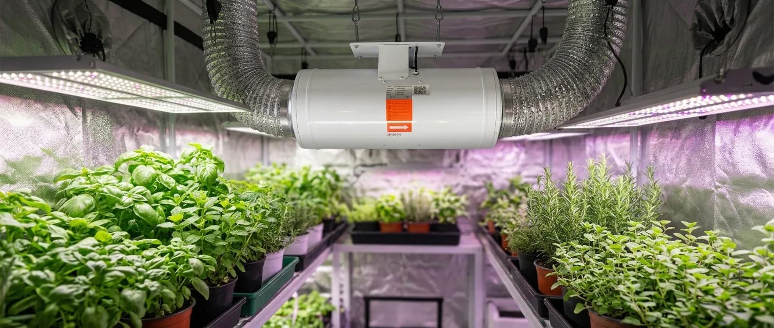 Extractor EC Silence Inline Fan de Clivex instalado en una sala de cultivo interior